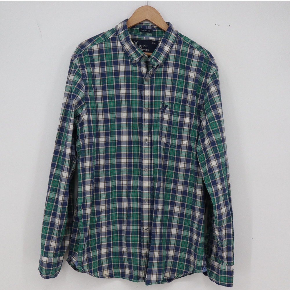 American Eagle Shirt Mens XL Athletic Fit Green Blue Plaid Button-Down Excellent